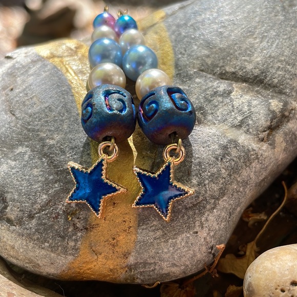Handmade Beaded Earrings w Blue on Golden Enamel Charm New & Upcycled Beads - Picture 5 of 5